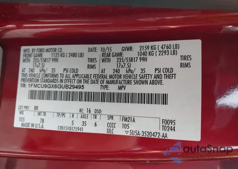 2016 Ford Escape Se z USA, uszkodzony, nr VIN 1FMCU9GX6GUB29495